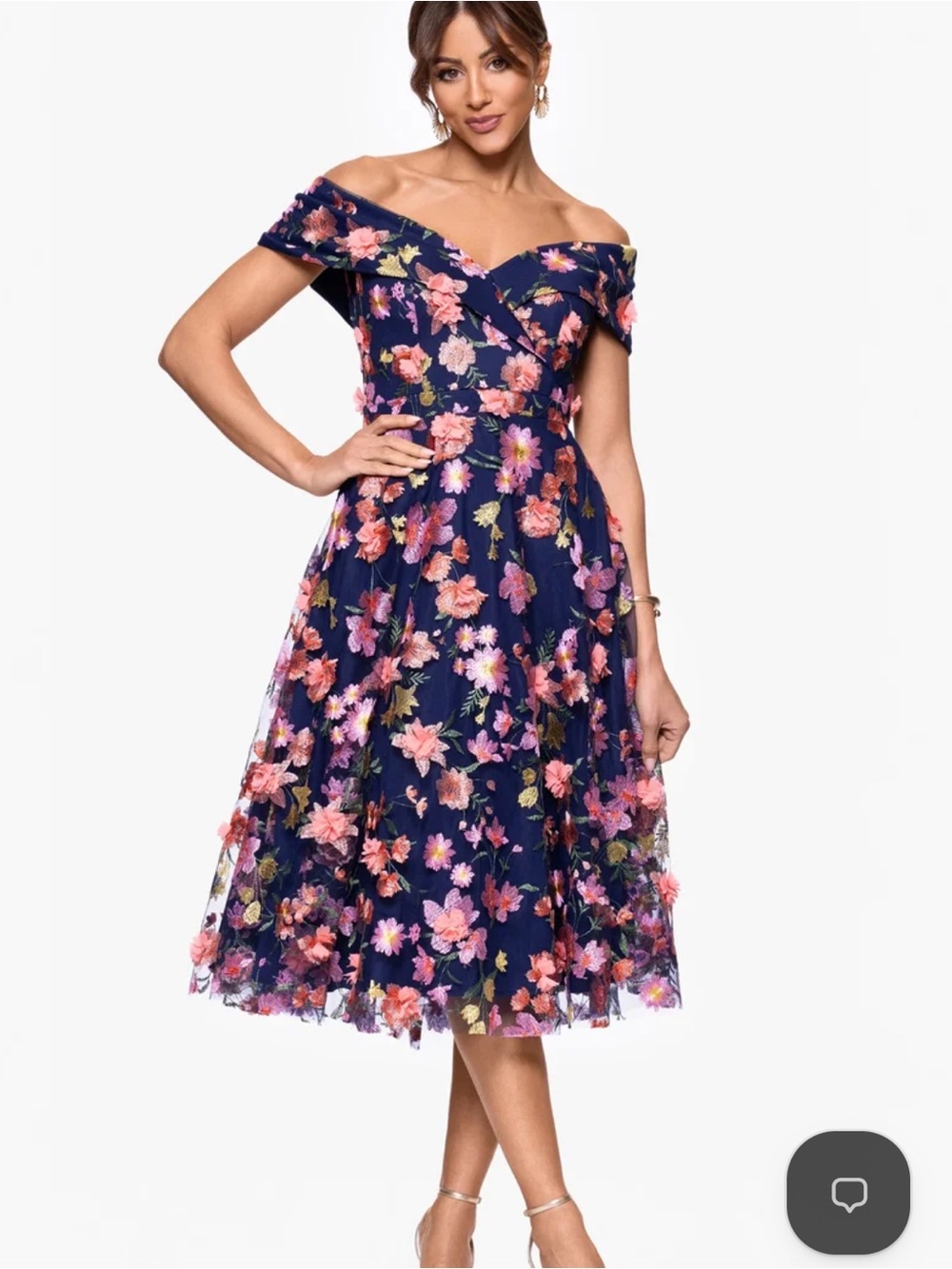 XSCAPE EVENINGS DANIELA 3D FLORAL EMBELLISHED OFF THE SHOULDER MIDI DRESS